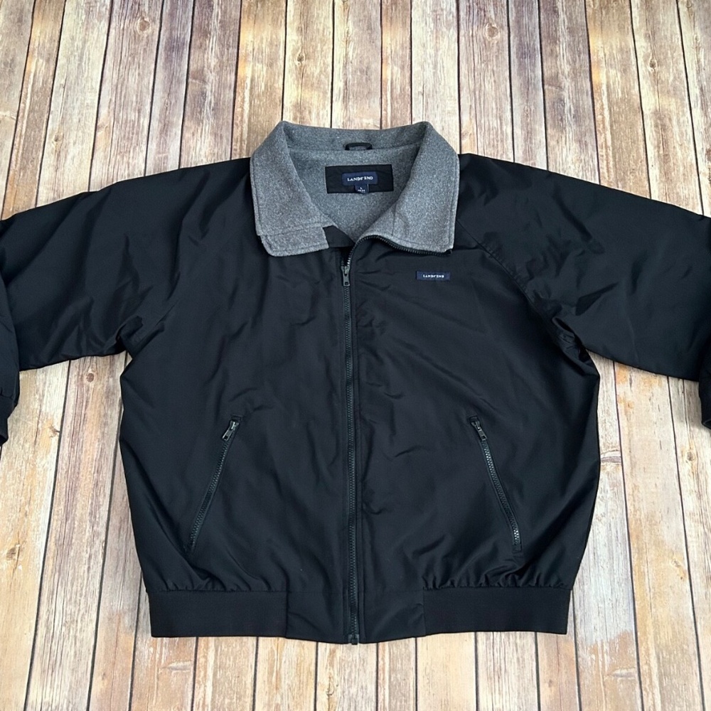 Lands’ End Squall Black Nylon Shell Fleece Lined Bomber Jacket- Size Large 42-44